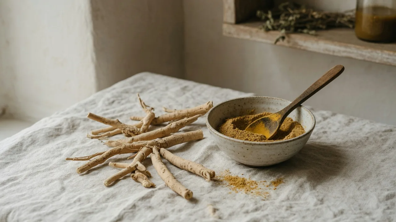 Racines d'ashwagandha séchées et poudre ocre dans un bol en céramique.