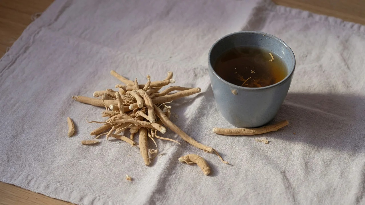 Racines séchées et tasse de tisane sur un linge, lumière calme.
