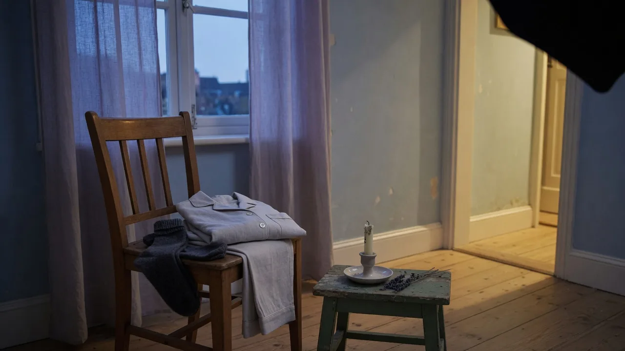 Chambre le soir : pyjama plié sur une chaise et bougie éteinte.