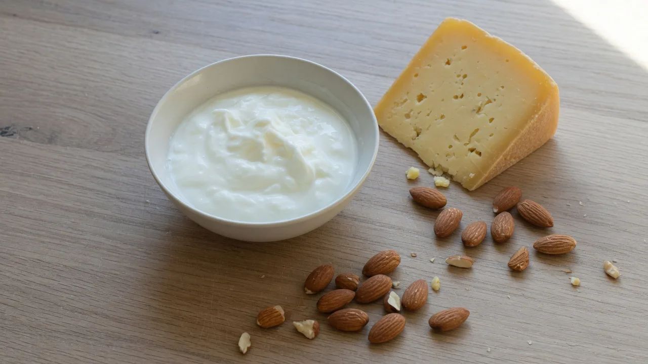 Bol de yaourt, fromage et amandes sur une table en bois clair.