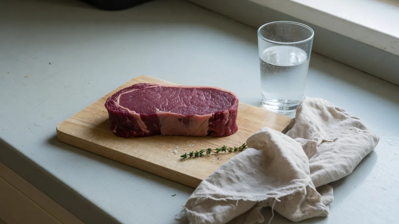 Pavé de bœuf maigre, verre d'eau et planche en bois dans une cuisine claire.