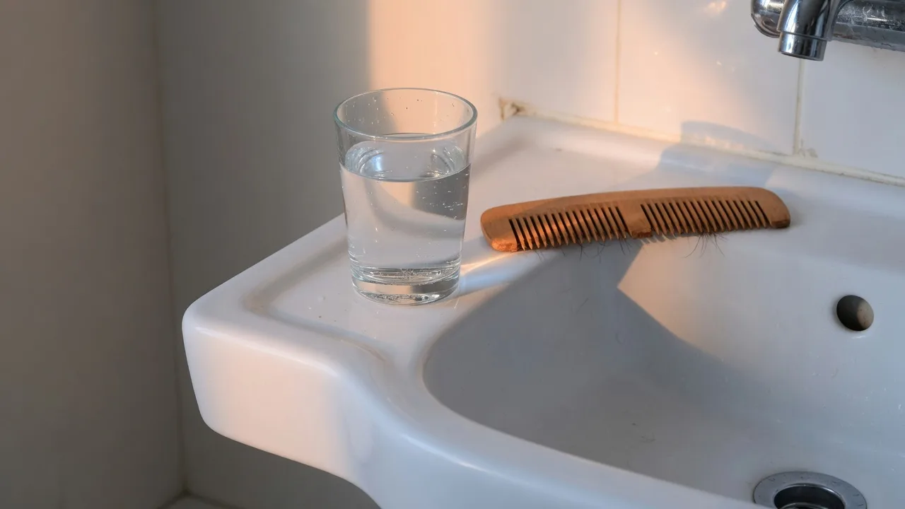 Verre d'eau et peigne en bois sur un lavabo, lumière douce.