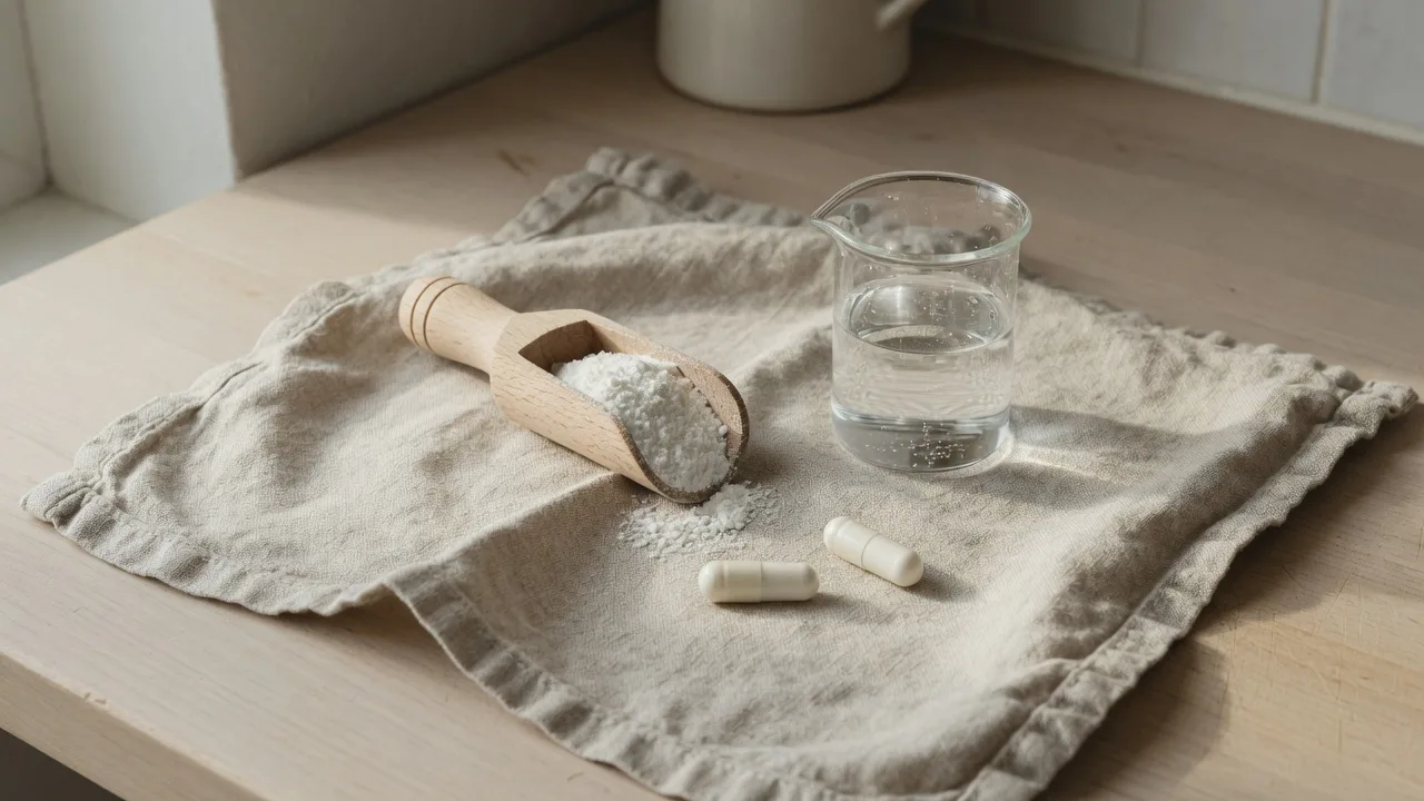 Poudre blanche dans une cuillère en bois à côté d'un verre d'eau sur un plan de travail.