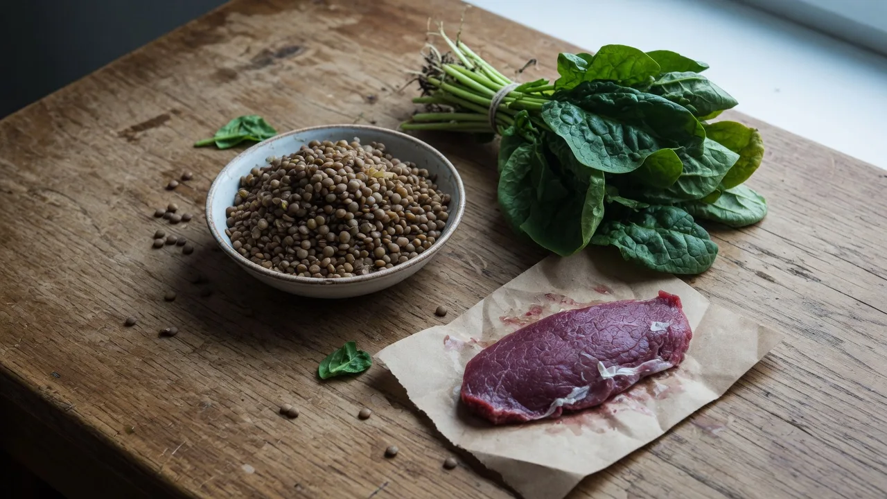 Lentilles, épinards frais et morceau de bœuf sur une table en bois.
