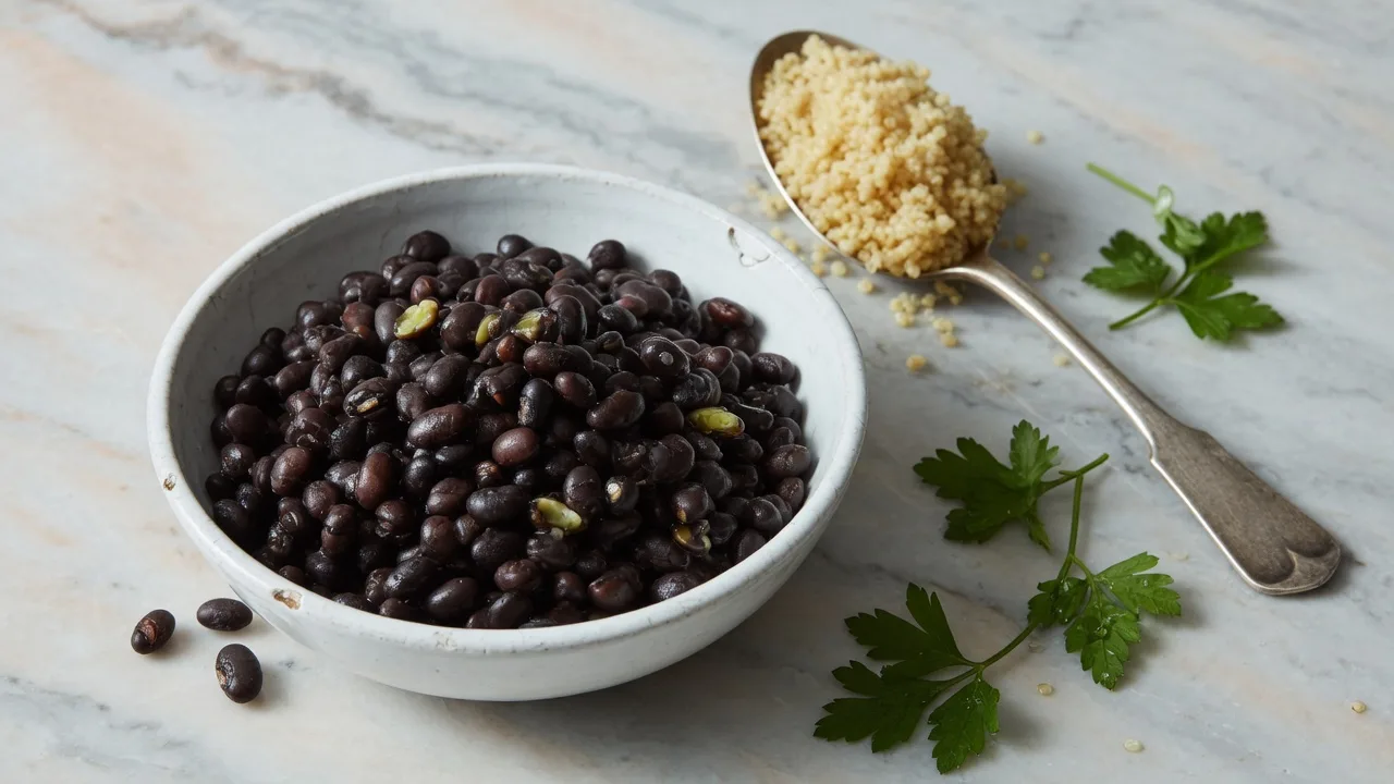 Bol de lentilles, quinoa et persil frais sur une table en bois.