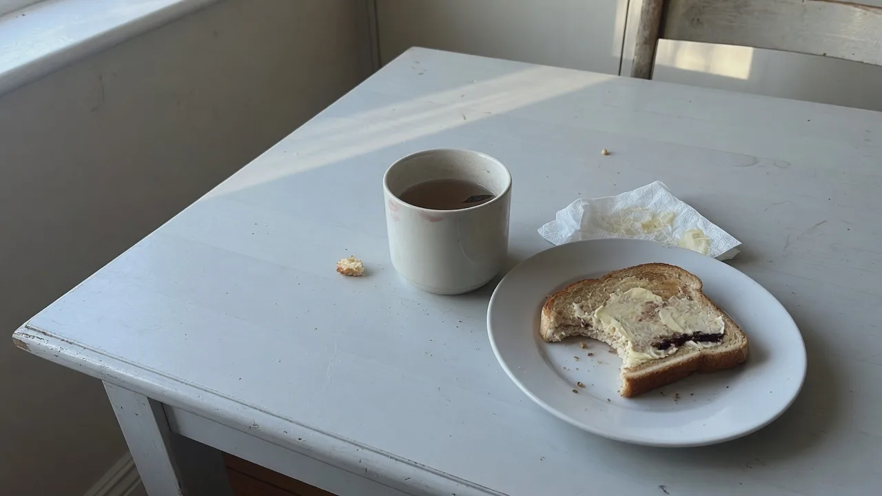 Petit-déjeuner à peine touché sur une table, lumière pâle du matin.