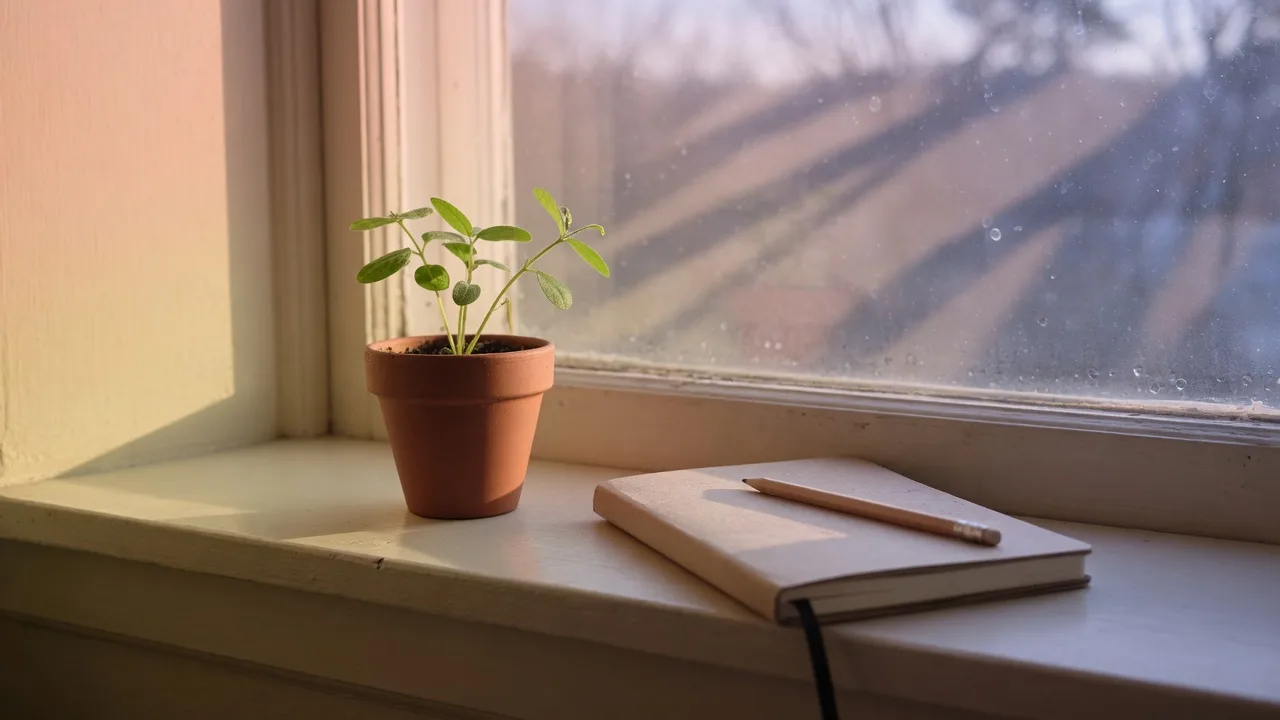 Petite plante sur un rebord de fenêtre, lumière qui change doucement.