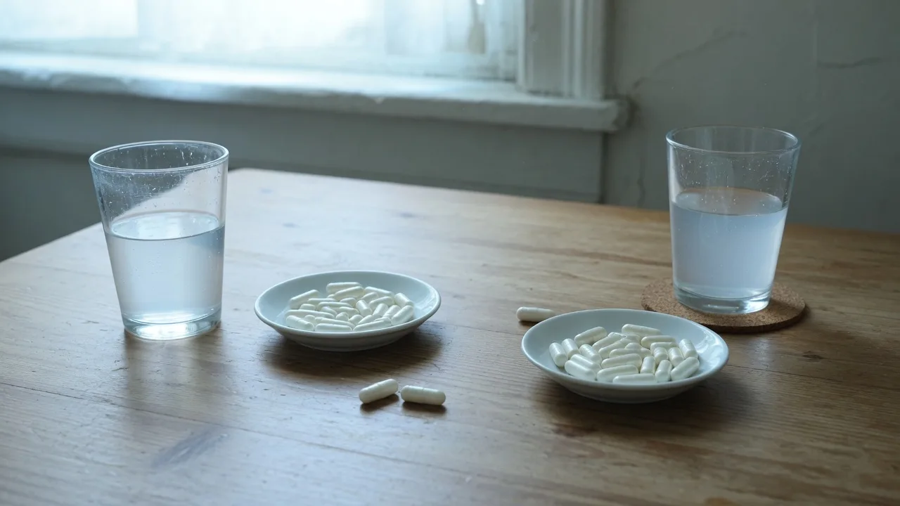 Deux verres d'eau écartés et deux coupelles de gélules sur une table.