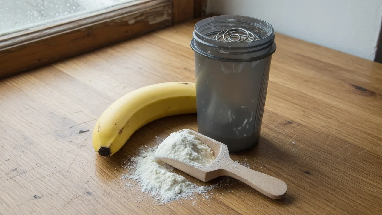 Shaker neutre, banane et poudre blanche sur un plan de travail de cuisine.