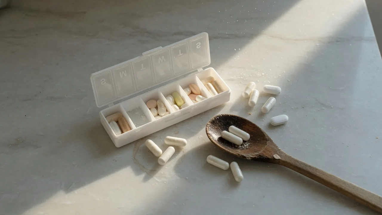 Pilulier ouvert du matin, gélules blanches et cuillère en bois sur du marbre.