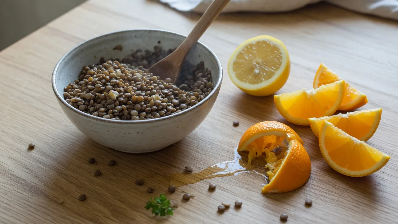 Lentilles et quartiers d'orange côte à côte dans des bols.