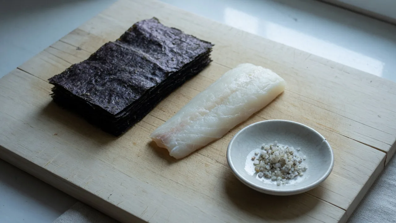 Feuilles de nori, poisson blanc et pincée de sel sur une planche en bois.