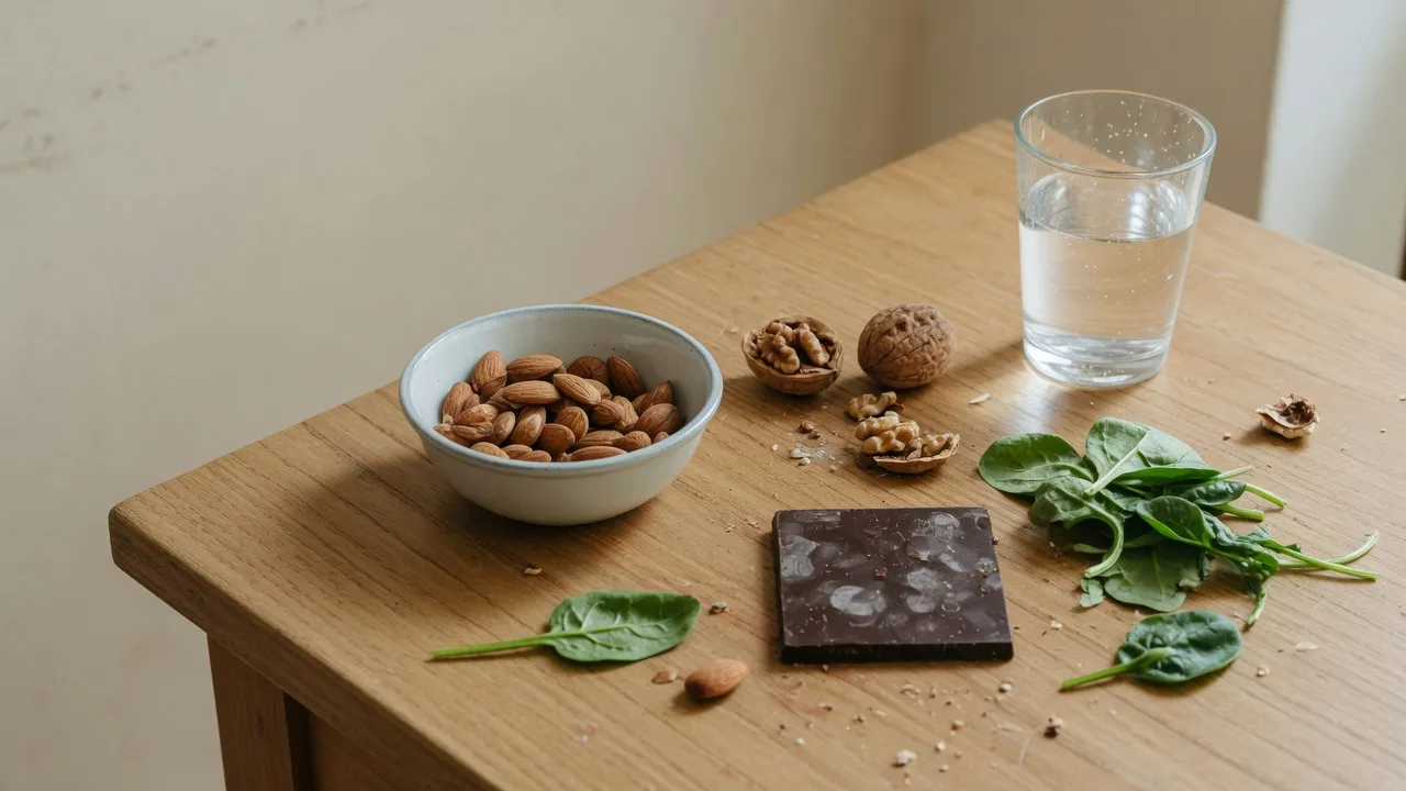 Bol d'amandes, noix, carré de chocolat noir, épinards et verre d'eau sur une table en chêne, lumière du matin.
