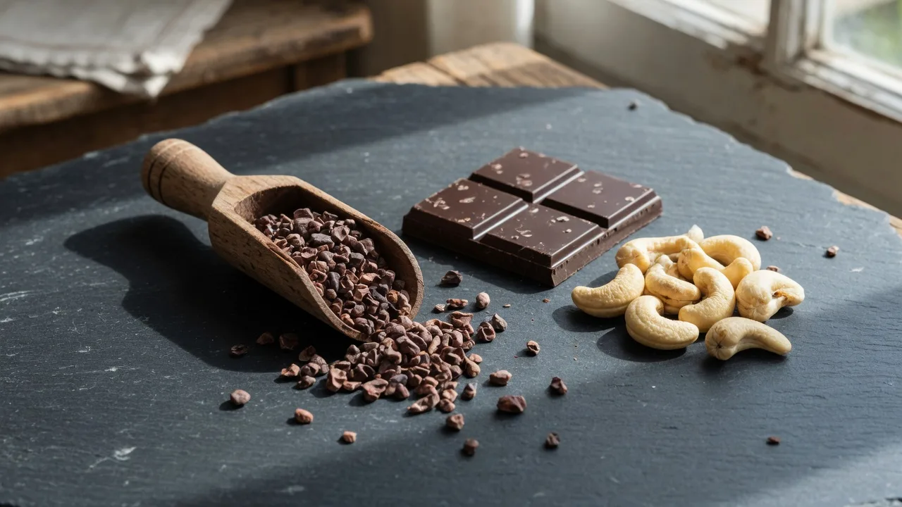 Graines de courge, chocolat noir et feuilles de blette sur une table en bois.