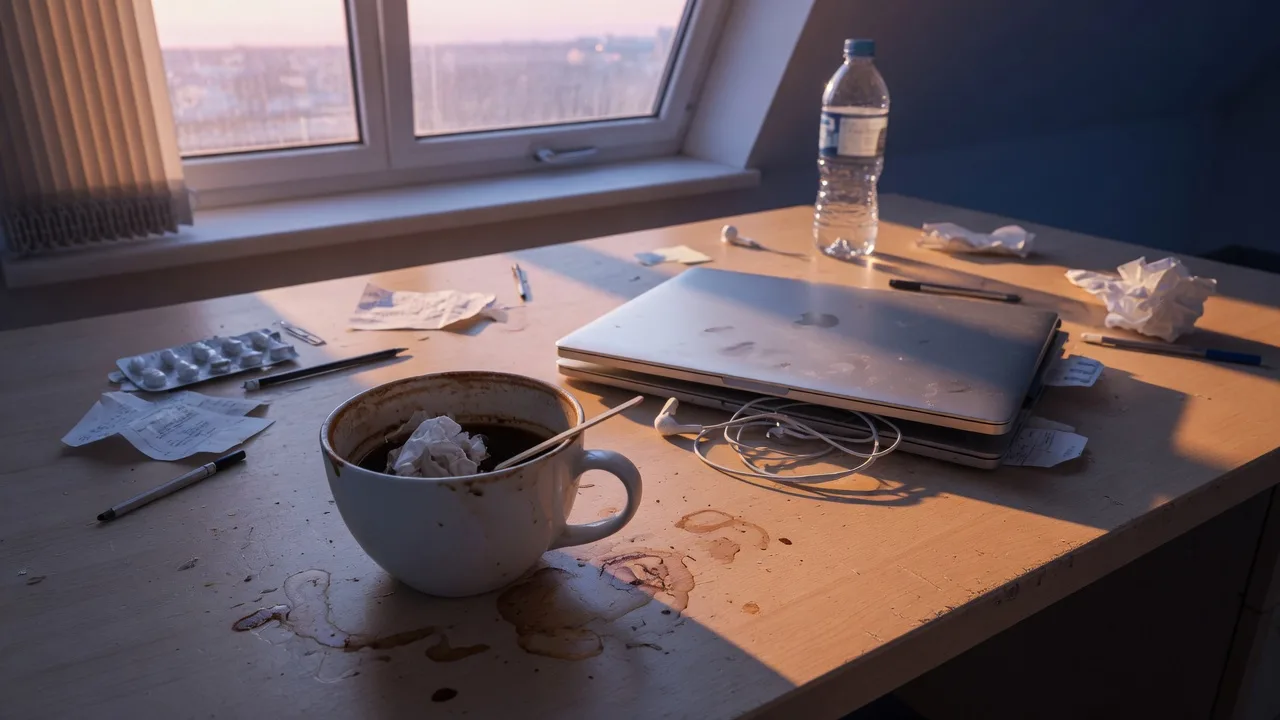 Bureau chargé, tasse de café et lumière de fin de journée.