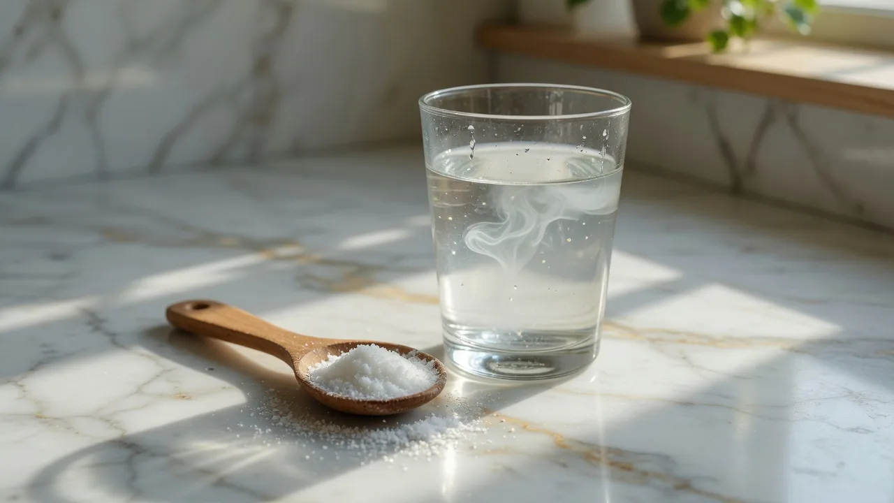 Verre d'eau légèrement trouble et poudre blanche dans une cuillère.