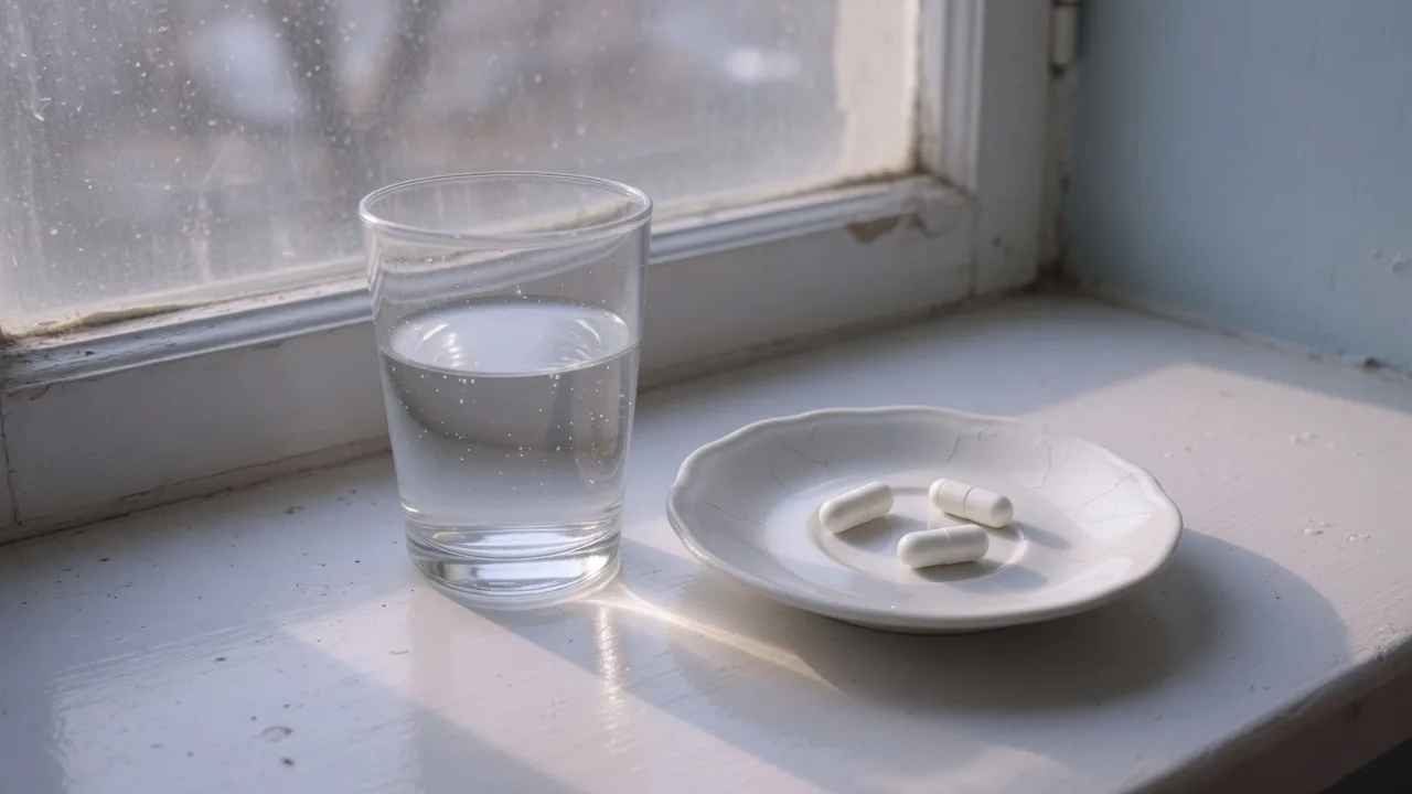 Verre d'eau et quelques gélules sur le rebord d'un lavabo.