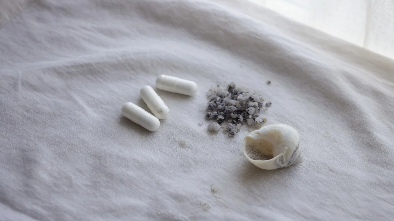 Gélules, sel gris et coquillage sur un linge de lin près d'une fenêtre.