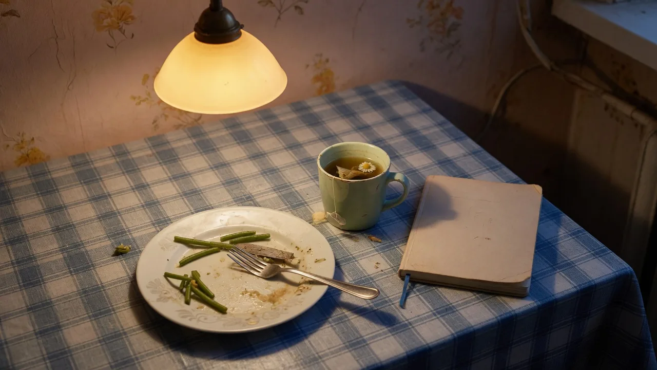 Table du soir : tasse de tisane et assiette vide sous une lumière chaude.