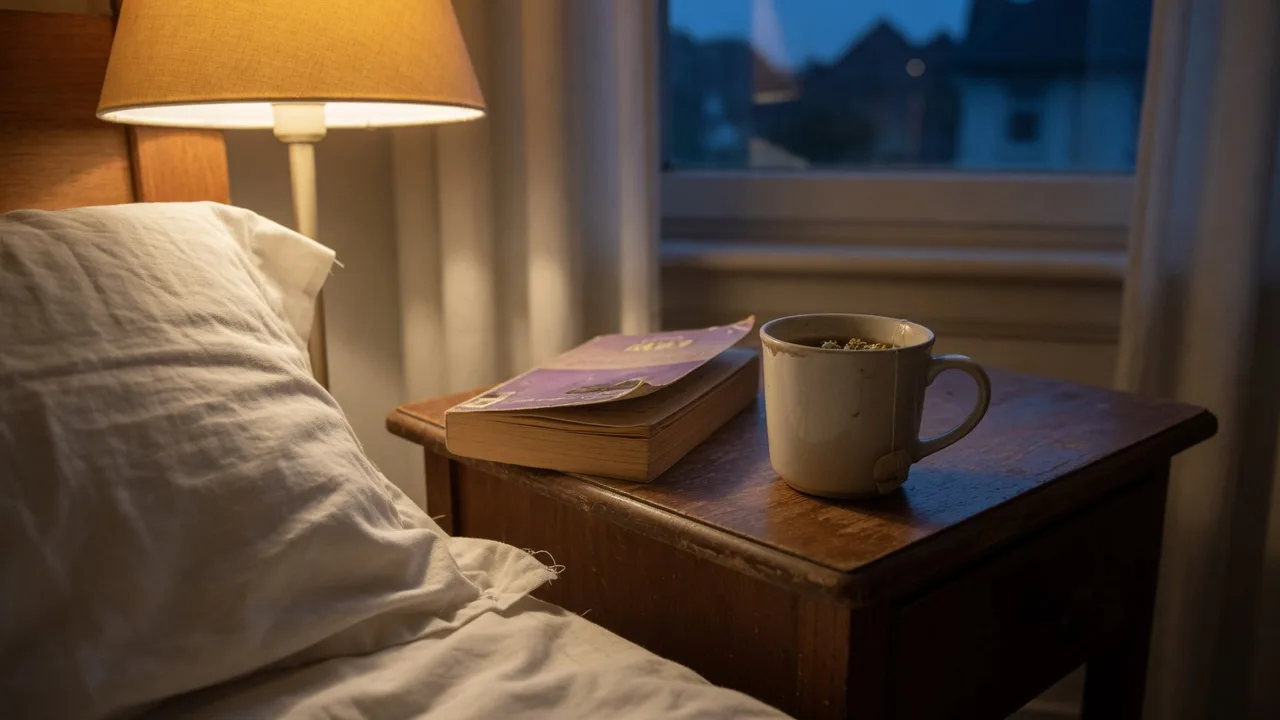 Table de nuit le soir : lampe chaude, livre fermé et tasse de tisane.