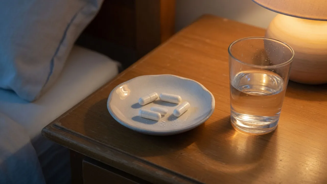 Gélules blanches et verre d'eau sur une table de nuit, lumière chaude.