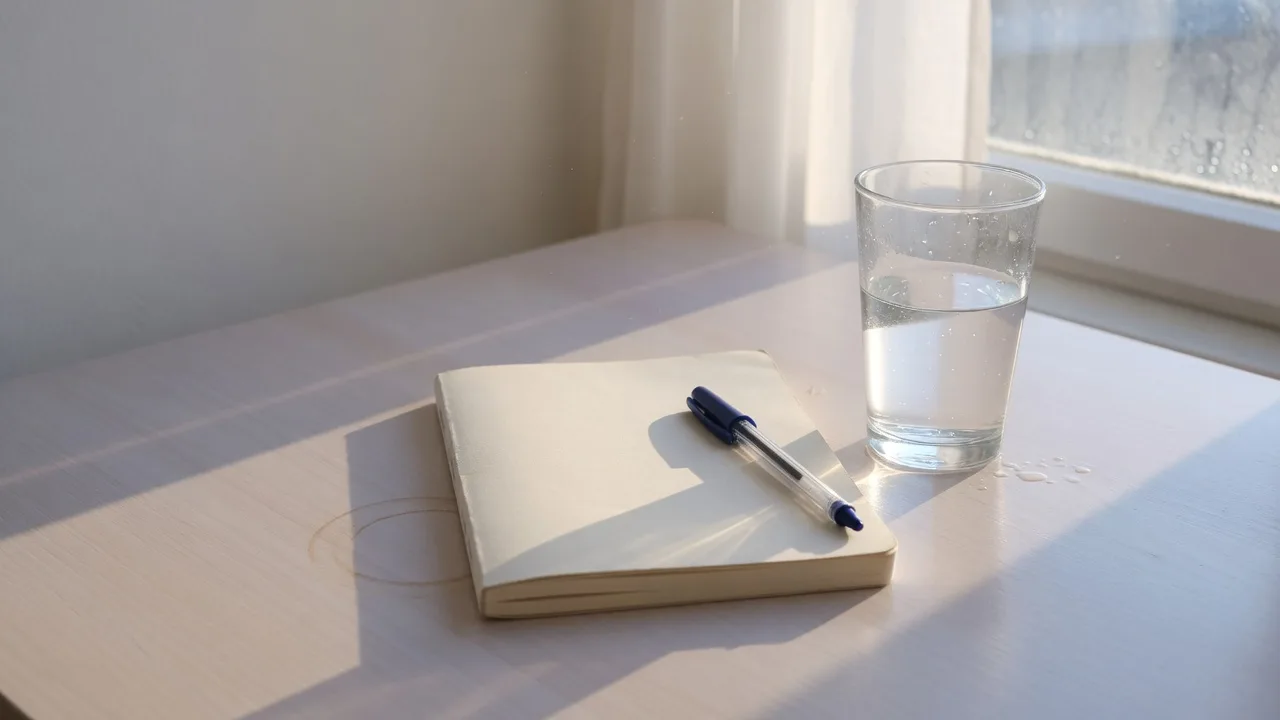 Carnet fermé, verre d'eau et lumière du matin sur une table.