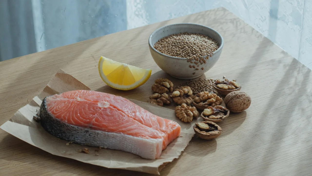 Pavé de saumon, noix et graines de lin sur une planche en bois clair.