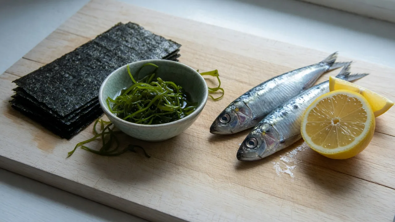 Feuilles de nori d'un côté, sardines de l'autre, sur une planche en bois.