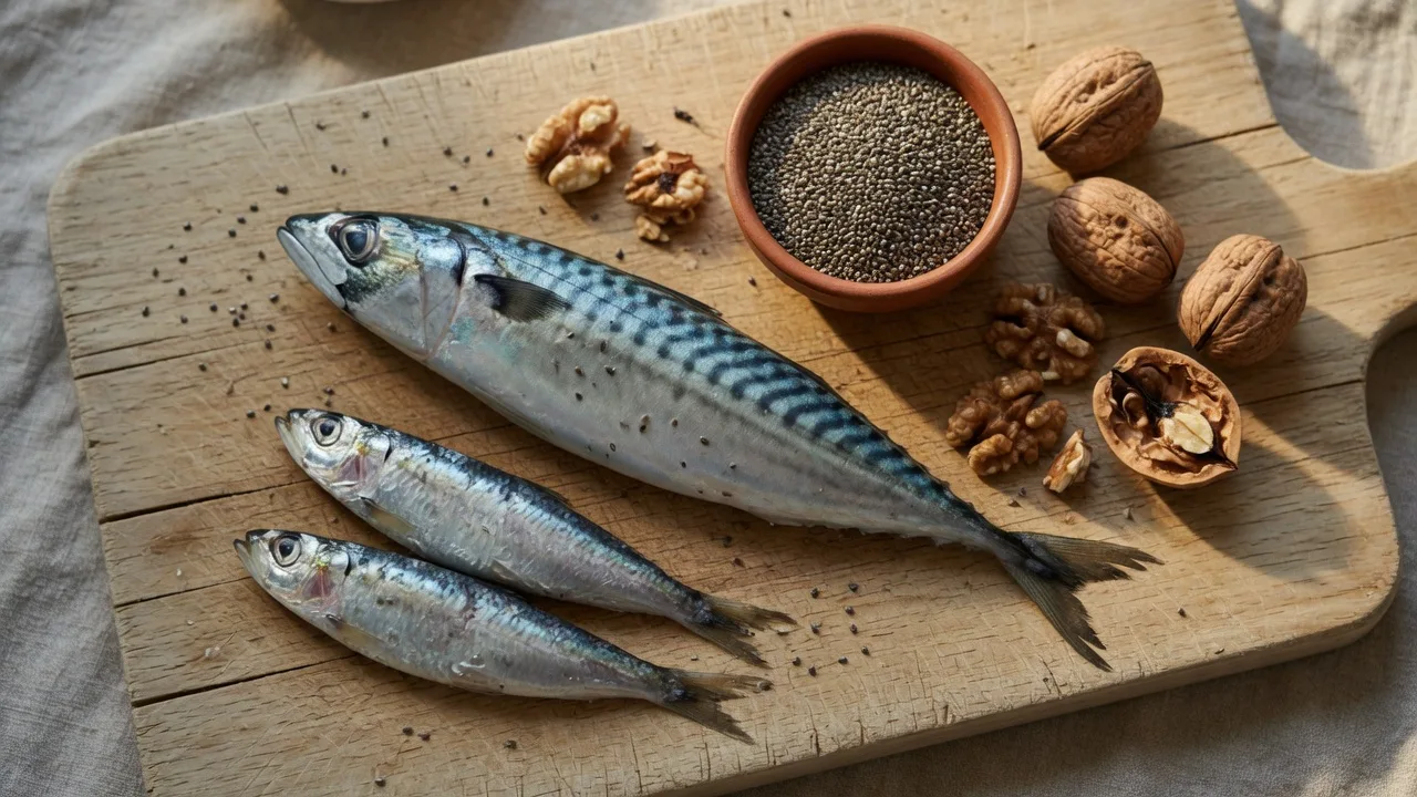 Maquereau, sardines, graines de chia et noix sur une planche.