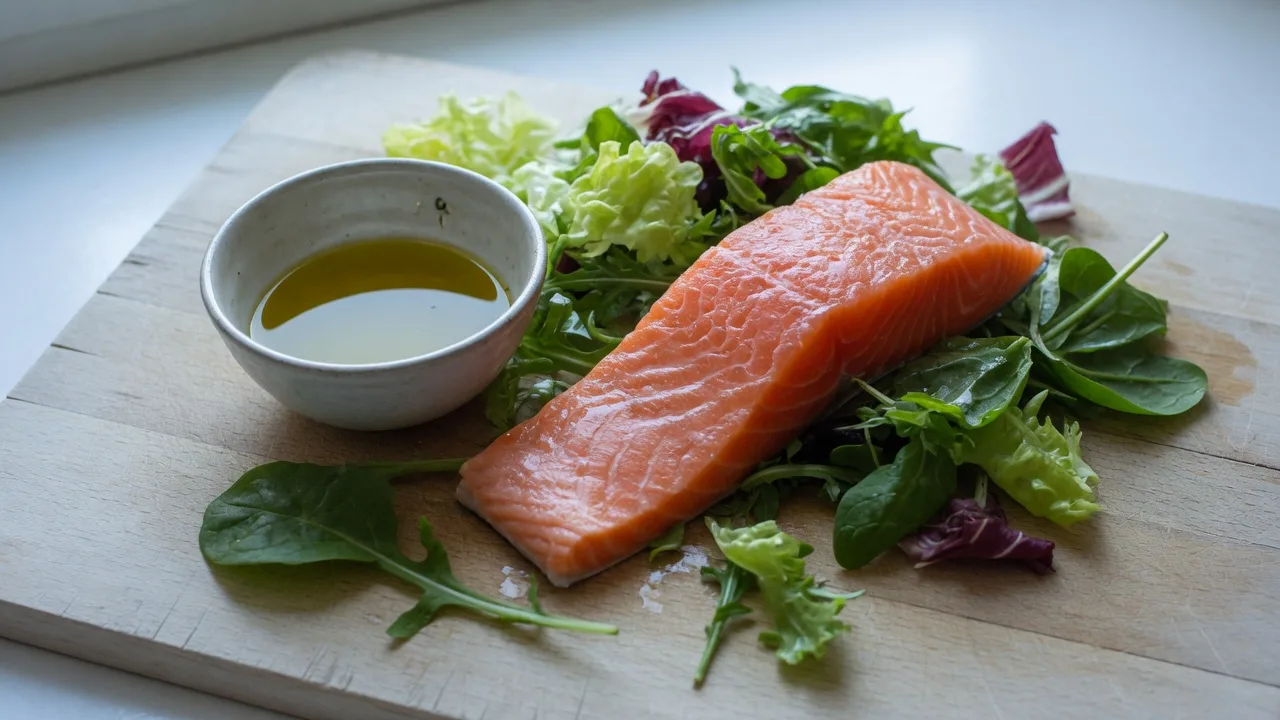 Saumon, huile d'olive et verdure sur une planche en bois.