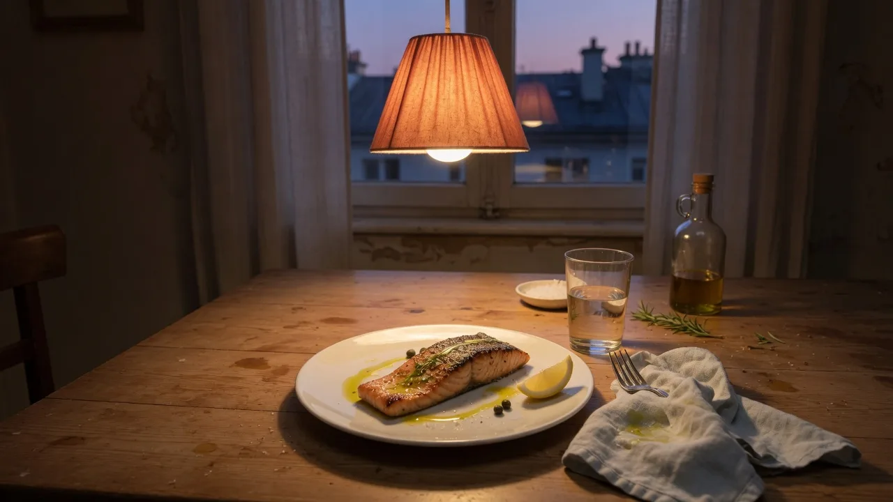 Dîner simple : assiette de poisson et huile, lumière du soir.