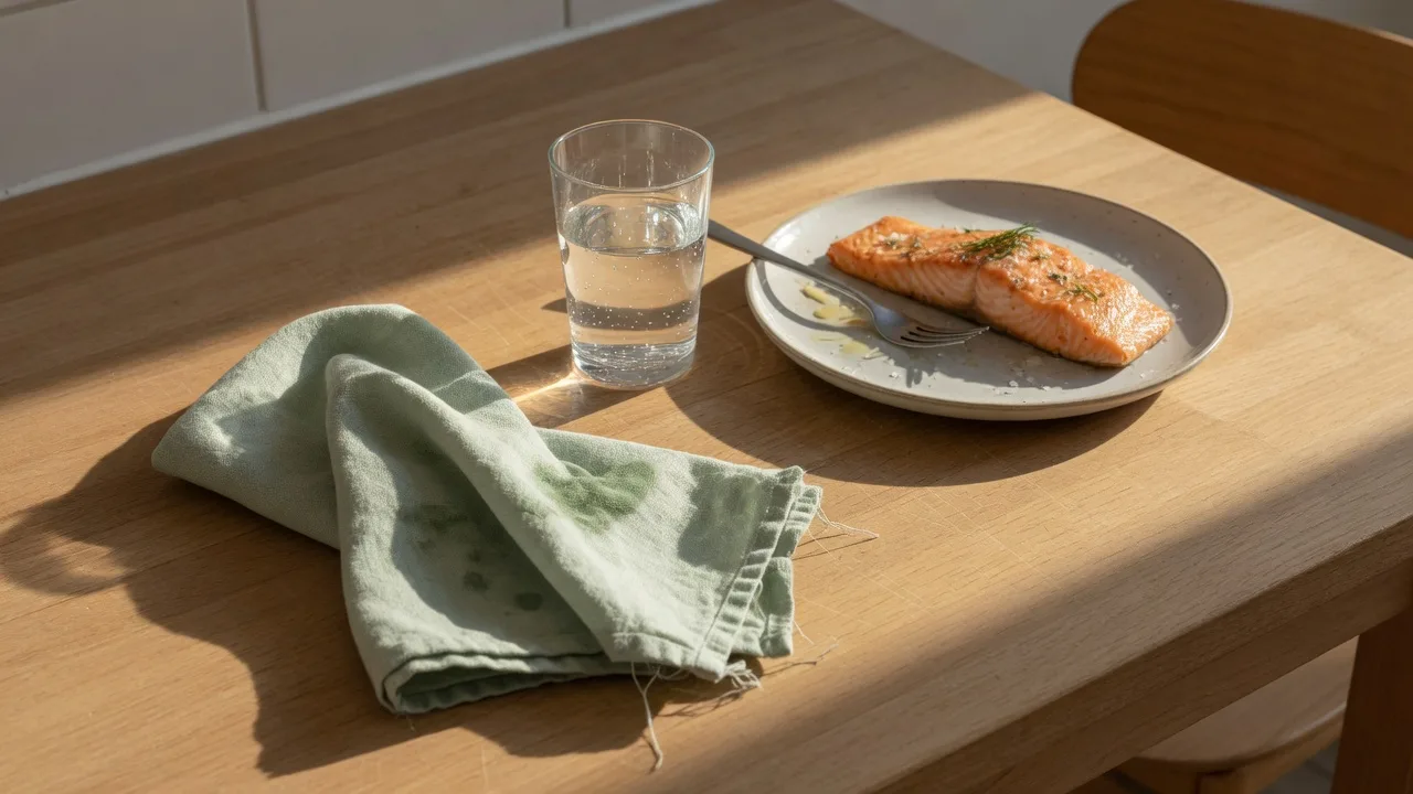 Serviette de sport, verre d'eau et assiette de saumon sur une table.