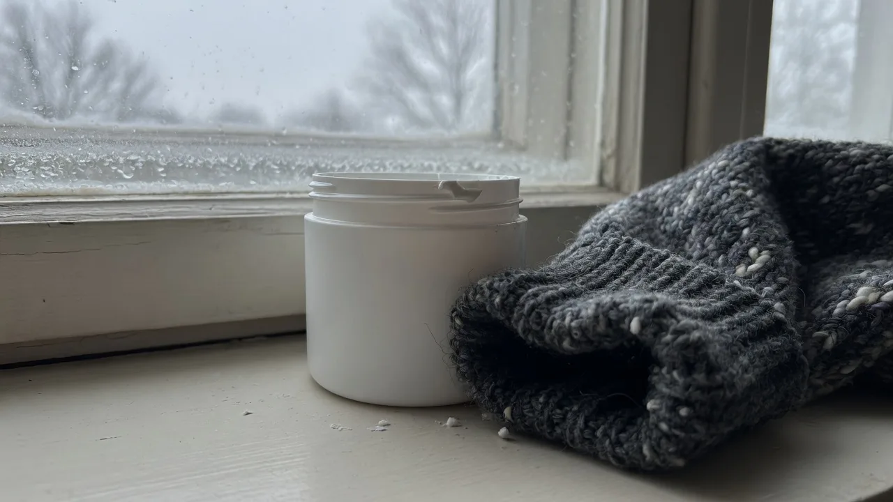 Crème pour les mains et lumière d'hiver près d'une fenêtre.