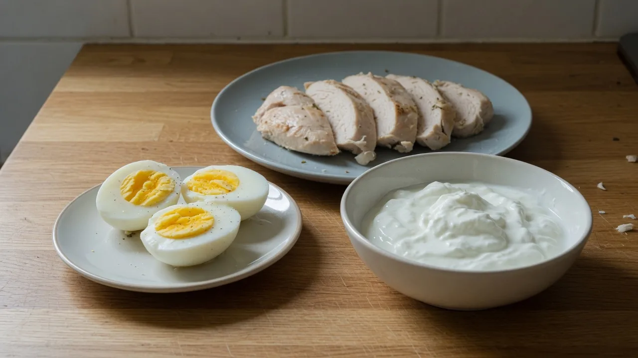 Œufs, yaourt nature et blanc de poulet sur une table de cuisine claire.