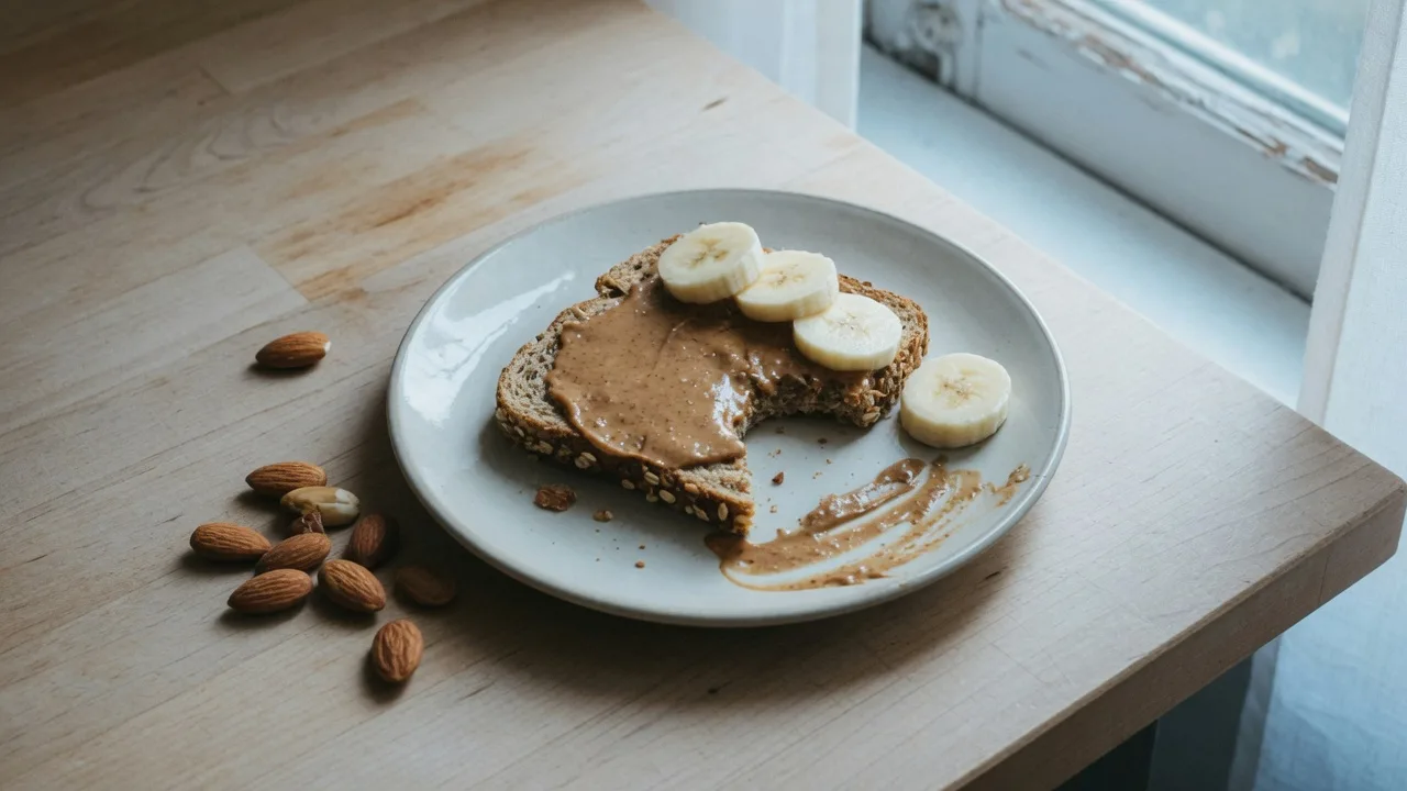 Toast au beurre d'amande, banane et amandes sur une table de petit-déjeuner.