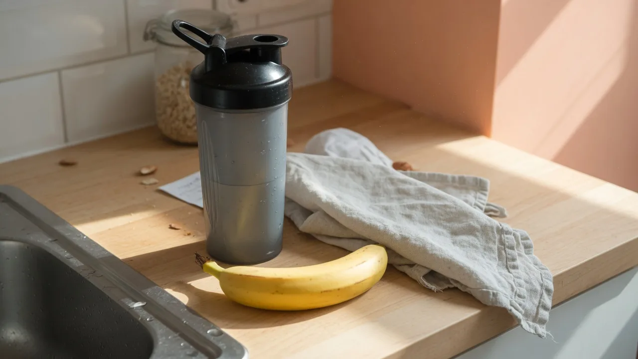 Shaker et serviette sur une table de cuisine juste après l'entraînement.