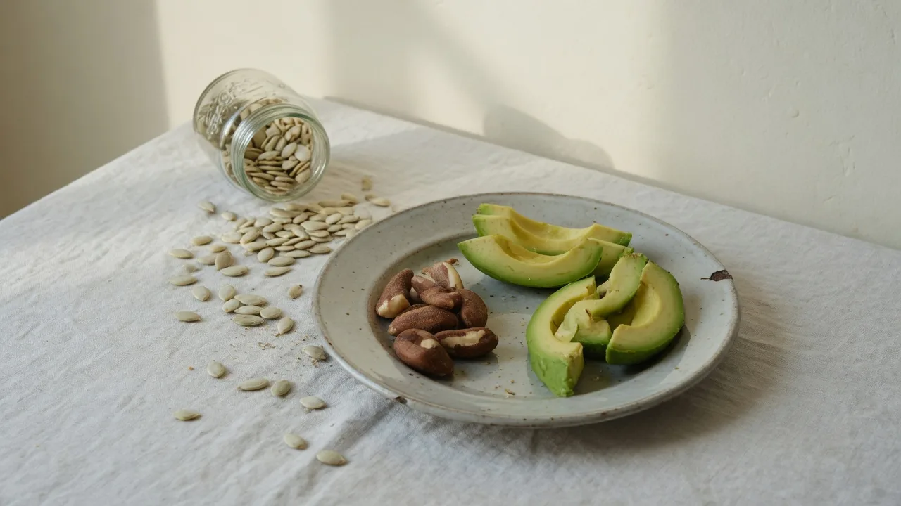 Noix du Brésil dans un bol, avocat et graines sur une nappe de lin.
