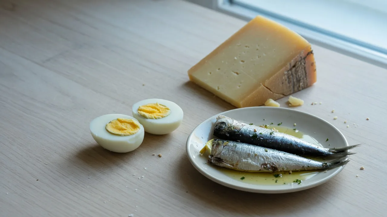 Œufs, fromage et sardines dans une assiette sur une table claire.