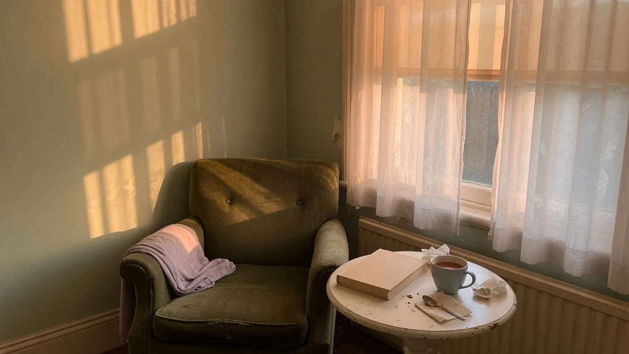 Fauteuil près d'une fenêtre, livre fermé et tasse de thé, lumière douce.