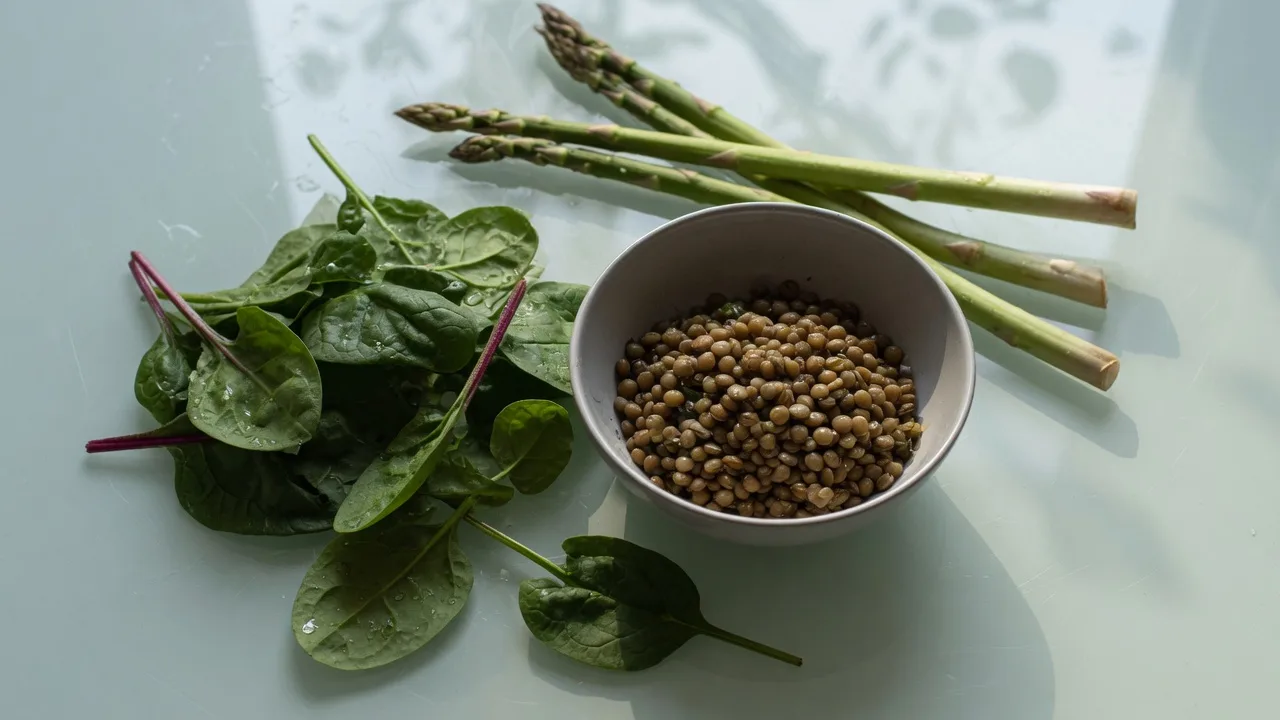 Épinards, asperges et lentilles dans des bols sur une table claire.
