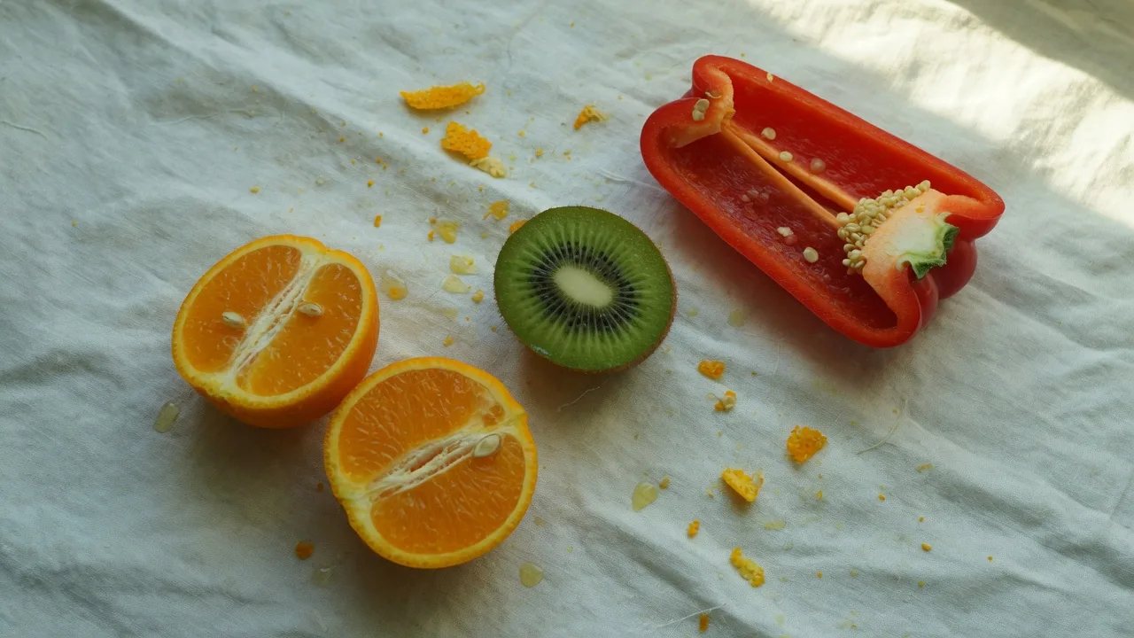 Oranges coupées, kiwis et poivron rouge sur un linge de lin.