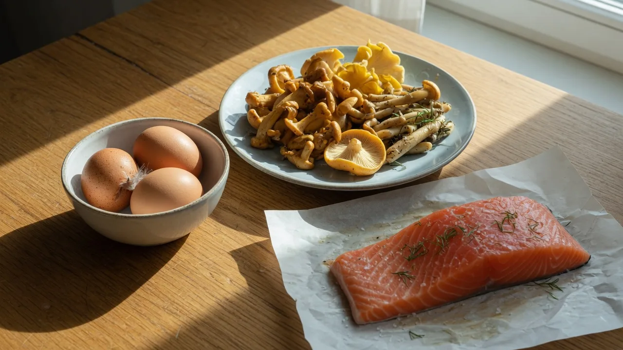 Œufs, champignons et filet de saumon sur une table près d'une fenêtre ensoleillée.