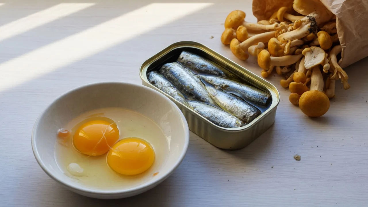 Jaunes d'œufs, sardines et champignons sur une assiette.