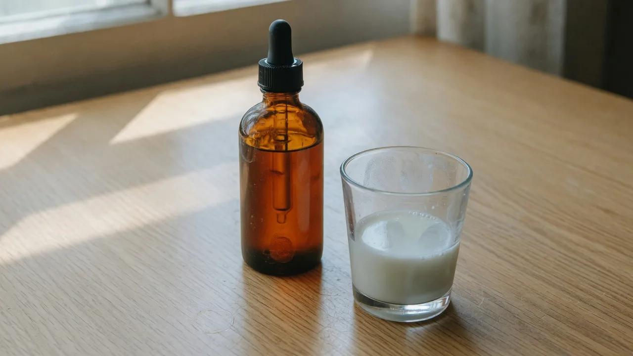 Flacon compte-gouttes ambré et verre de lait sur une table claire.
