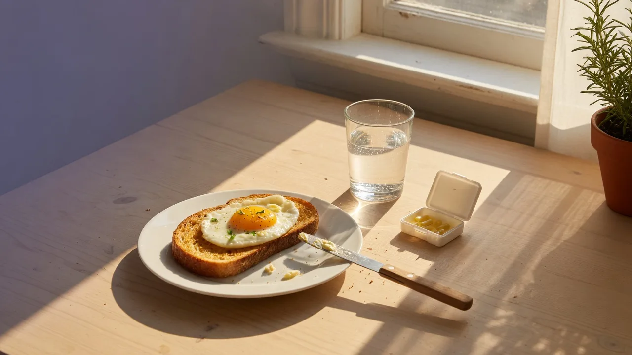 Petit-déjeuner près d'une fenêtre ensoleillée : pain, œuf et verre d'eau.