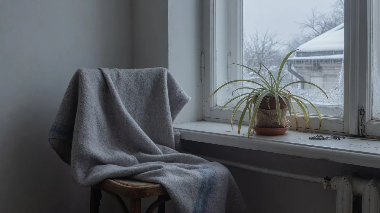 Intérieur d'hiver peu éclairé, plante verte et fenêtre grise.