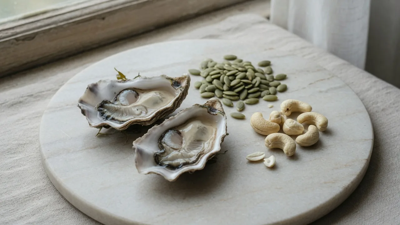 Huîtres, graines de courge et noix de cajou sur un plateau de pierre claire.