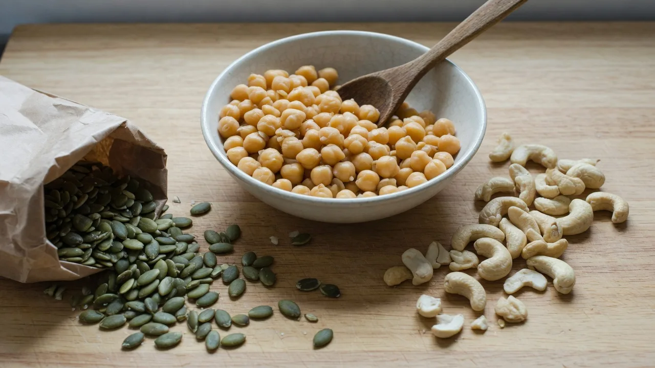 Graines de courge, pois chiches et noix de cajou dans des bols.