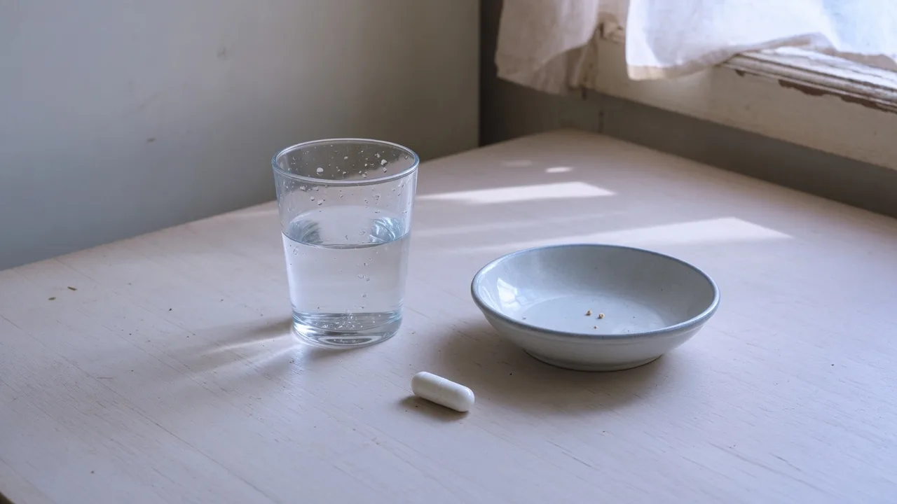 Verre d'eau et coupelle vide sur un plan de travail clair.