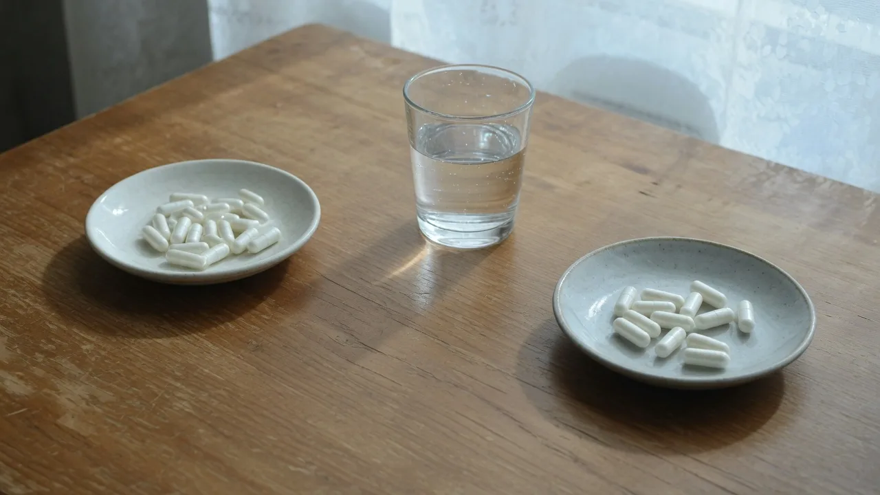 Deux coupelles de gélules écartées l'une de l'autre sur une table.